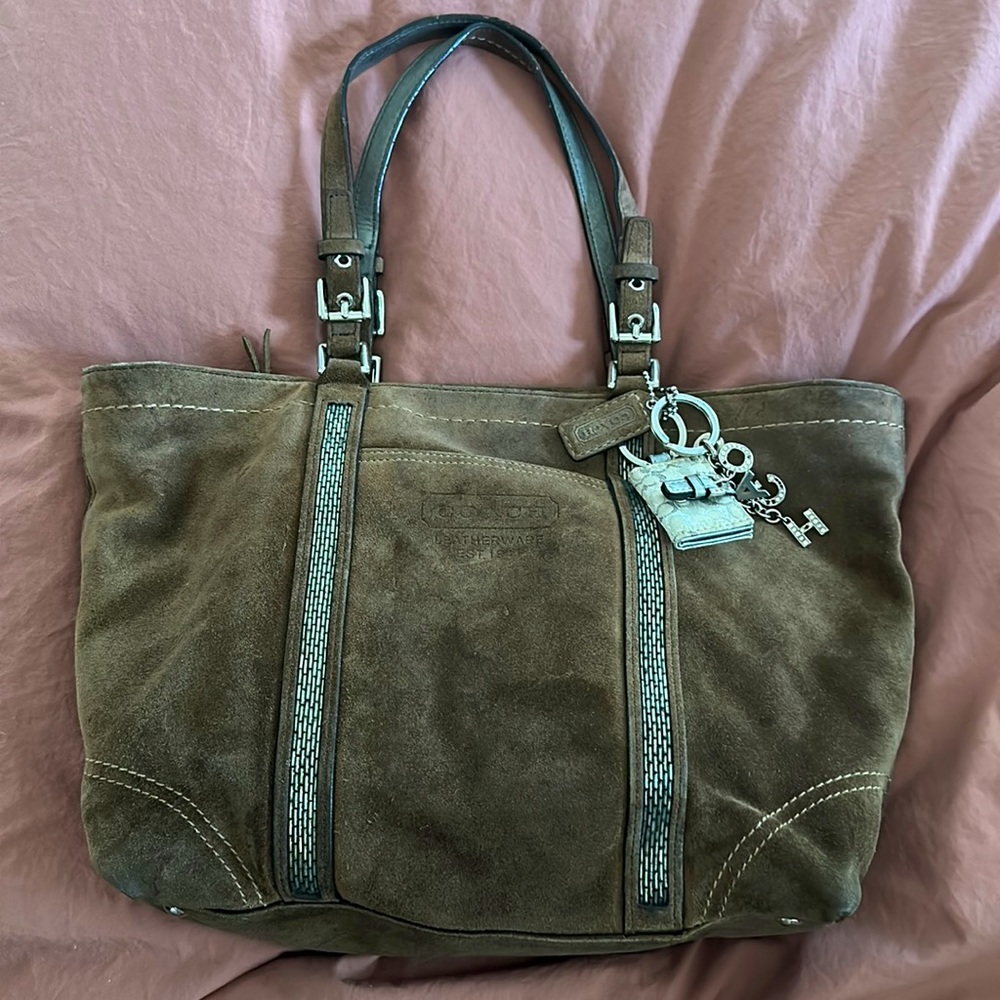 Coach Brown Suede Bag with Sequin Trim and Special Coach Keychains